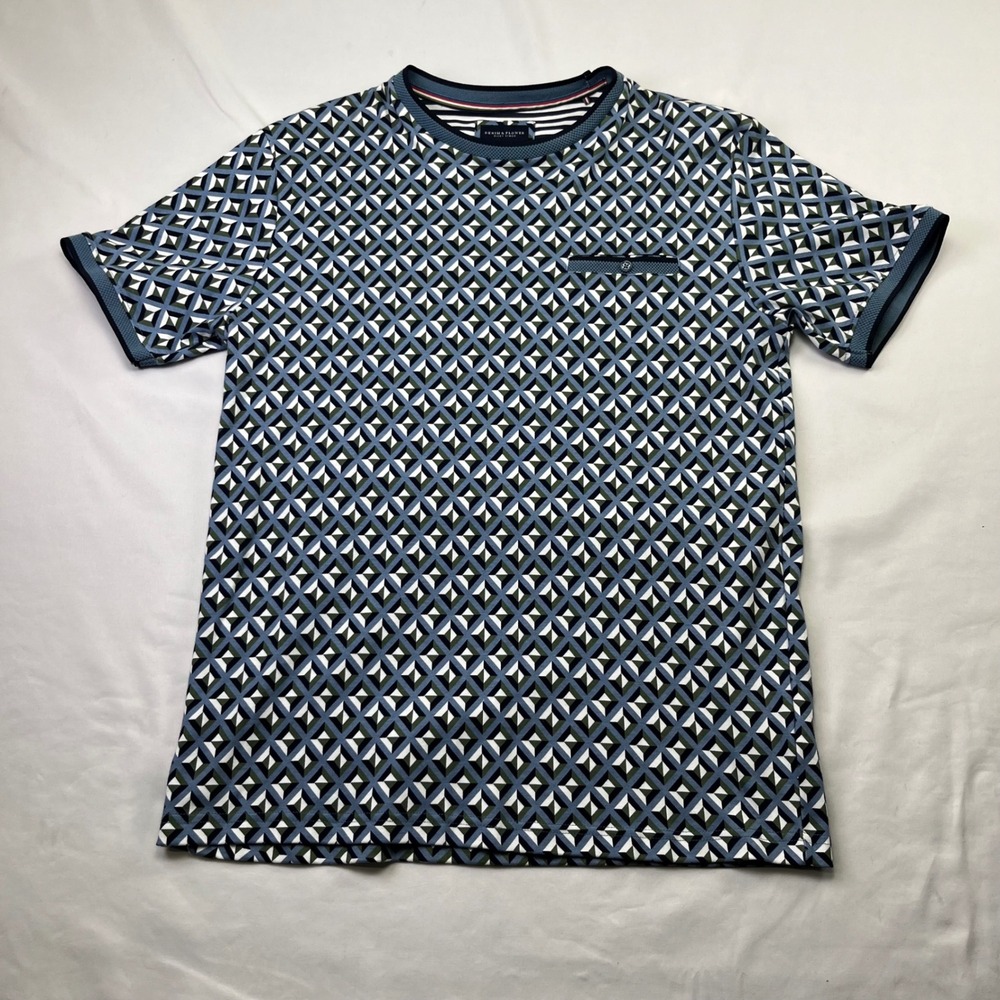 Denim & Flower Ricky Singh Mens Medium Blue Green Geometric Diamond T-Shirt CKTS